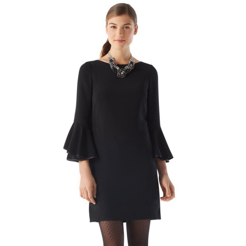 White House Black Market Ruffle Sleeve Crepe Dress Tiered Sleeve Size 2 Black
